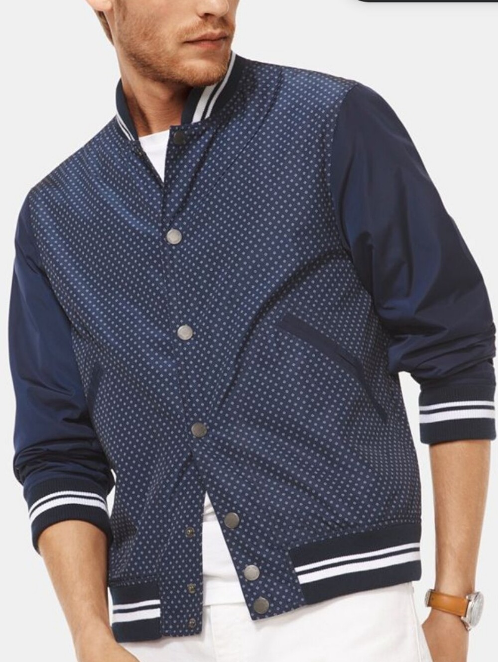 Michael Kors Navy Blue Square Grid Bomber Jacket Size Medium Modern Prep College